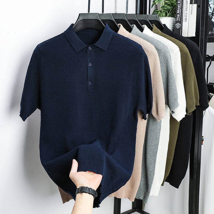 夏季翻领菠萝纹100%纯棉短袖t恤透气Polo衫中年针织半截袖上衣男
