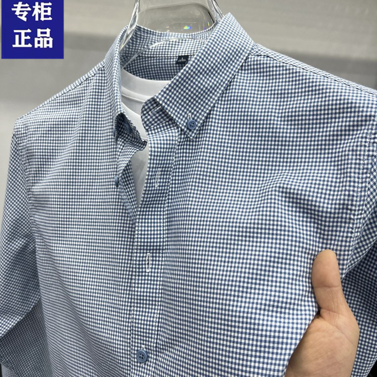 春秋男士商务休闲格子100%纯棉长袖衬衫中年免烫抗皱职业潮流衬衣