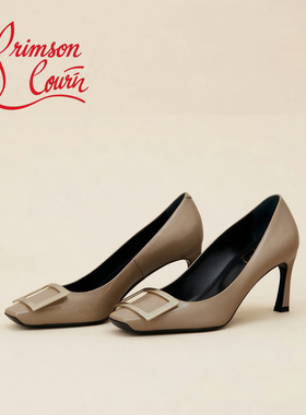 经典rv漆皮方扣高跟鞋女细跟2026春季新款真皮7cm通勤工作单鞋