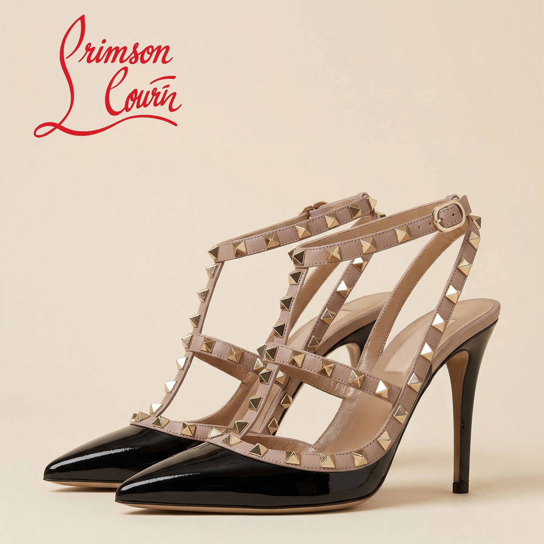 经典v家尖头铆钉高跟鞋10cm细跟真皮显瘦百搭黑色性感包头凉鞋女