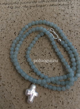 poluoguizu原创设计温柔的蓝天然天河石巴洛克珍珠串珠项链锁骨链