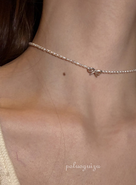 《梦幻岛》纯爱小蝴蝶结天然珍珠choker颈链可调节少女心项链