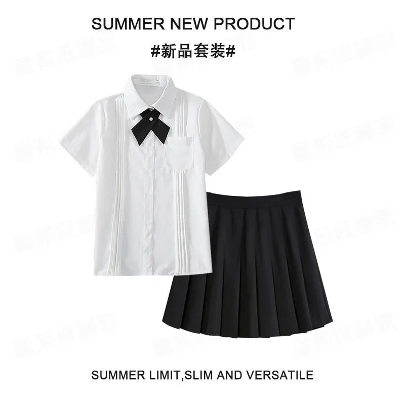 夏季校供感风琴褶衬衫女日系JK制服裙套装基础款短袖白色衬衣