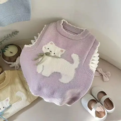 马夹马甲中小童新款背心毛衣猫咪小童春秋坎肩女童针织可爱风