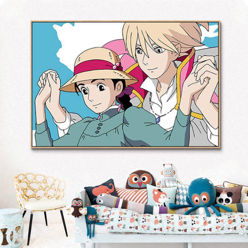 哈尔的移动城堡全家福 宫崎骏动漫diy数字油画丙烯颜料手绘填色画