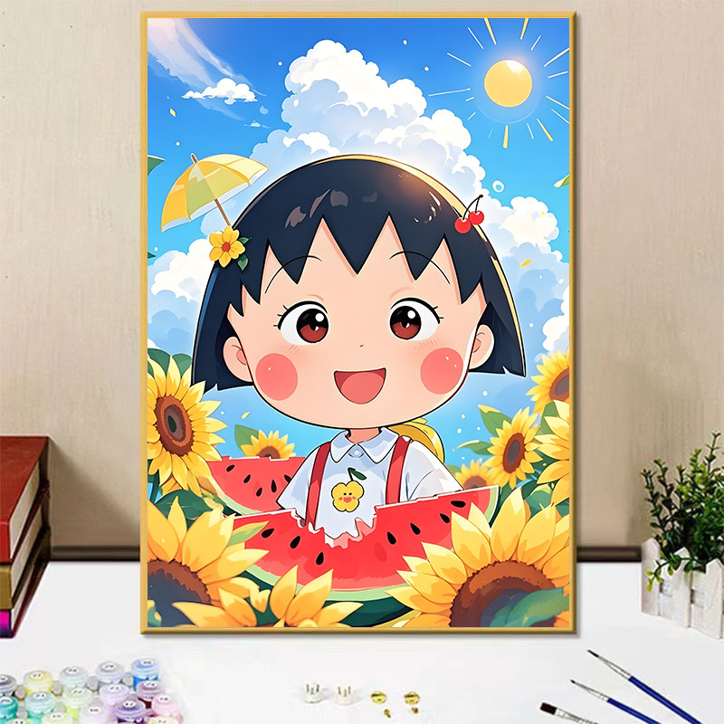 樱桃小丸子手绘填充涂色画礼物