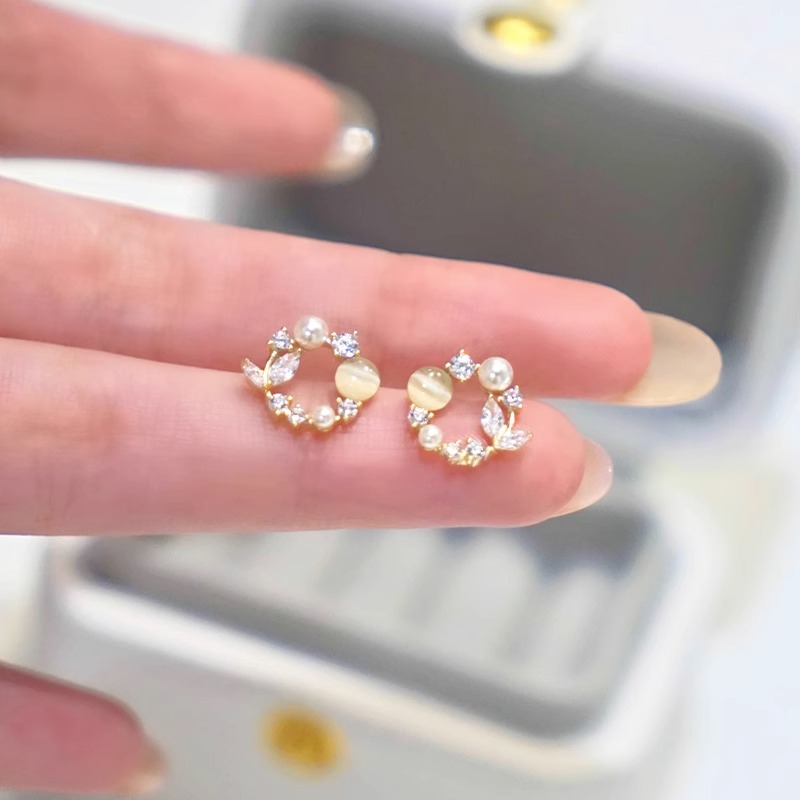 日系猫眼石珍珠耳钉2023