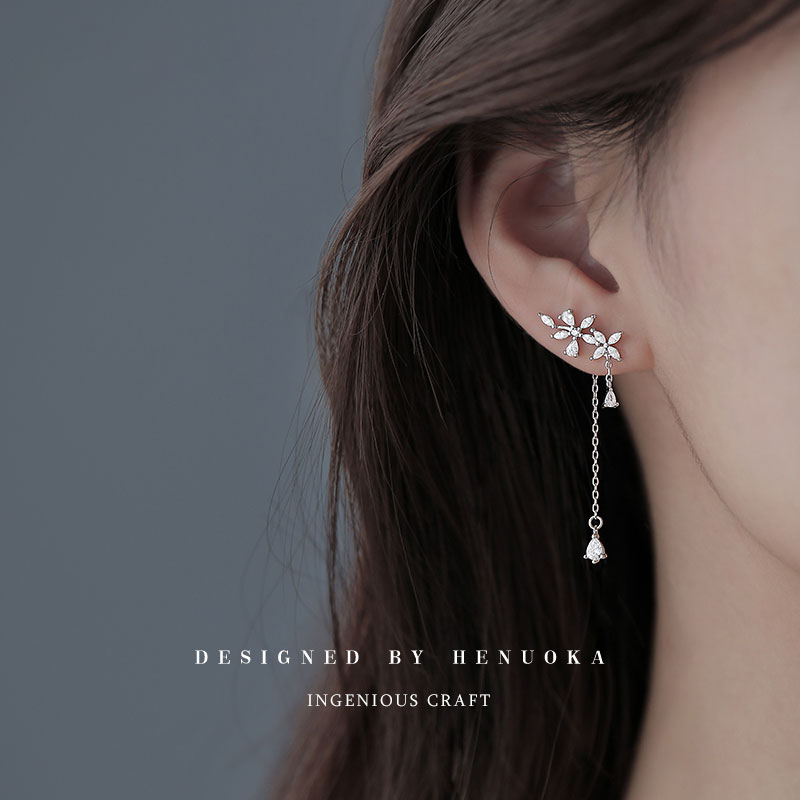高級感鑲鉆花朵耳釘女純銀
