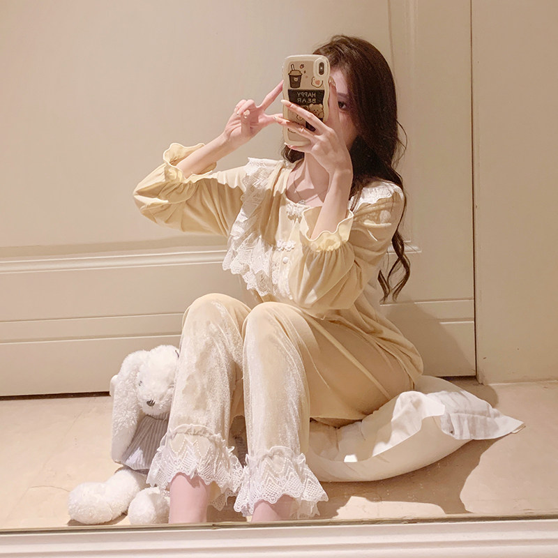 金丝绒睡衣女春秋季2023年新款甜美蕾丝花边可外穿家居服秋冬套装