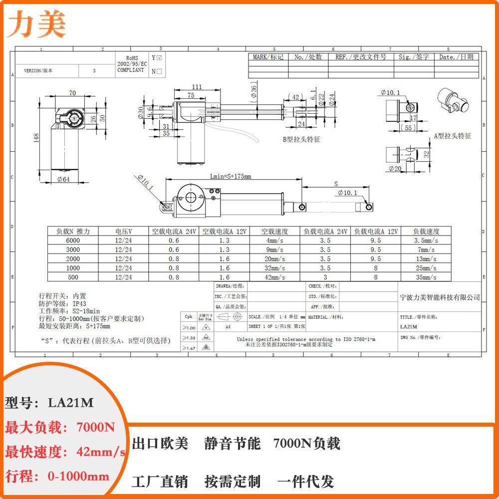 24V20毫米每秒200m动m2床000N直流电推静871音护理杆电推杆
