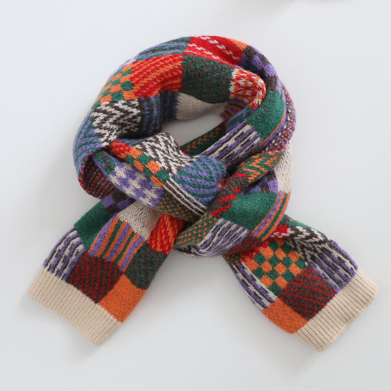 文艺复古女撞色老式青年针织围巾