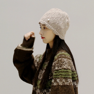 柔软轻感秋款 套头帽子冷帽高颜值 镂空针织水桶帽100wool%羊毛法式