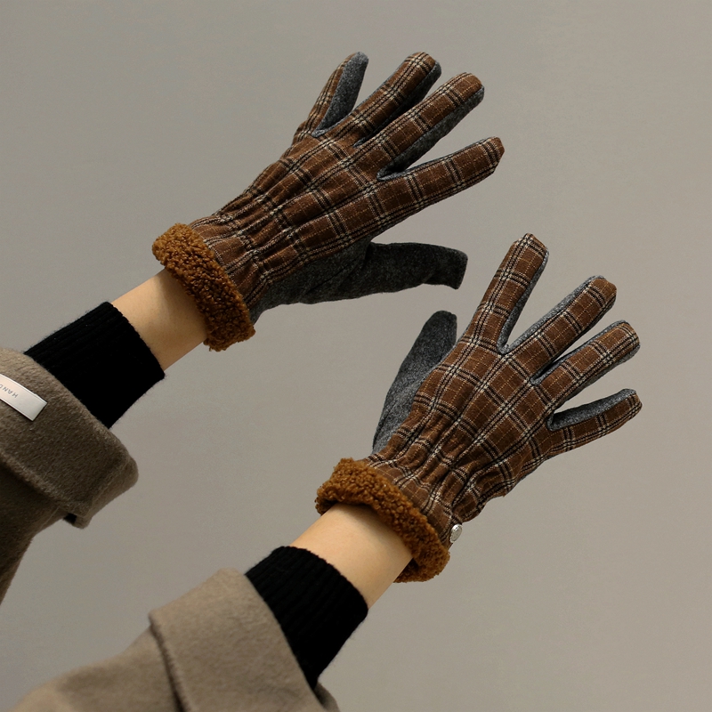 ins风显瘦加绒加厚格子触屏手套