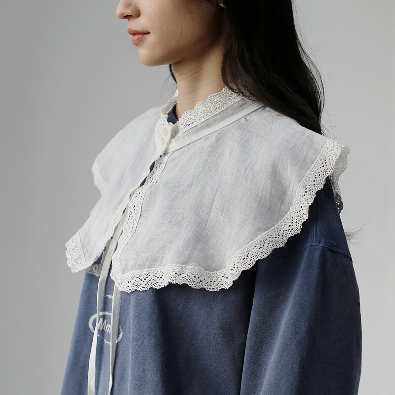森女苎麻刺绣披肩中式内搭假领子文艺立领荷叶蕾丝花边系绳双面戴