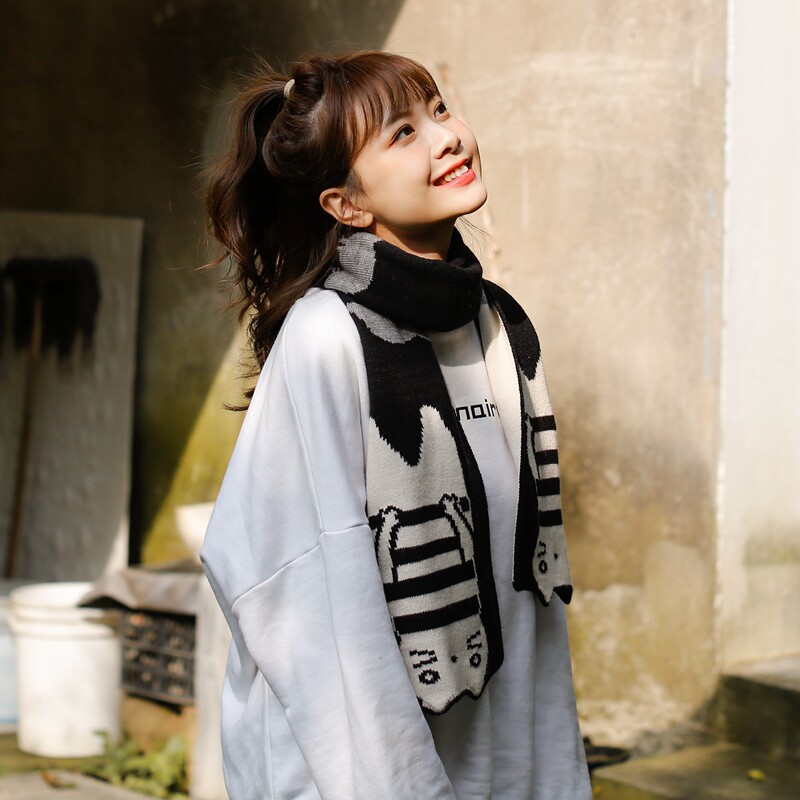 创意有趣少女心立体可爱猫和老鼠学生针织围巾软妹黑白复古原宿风