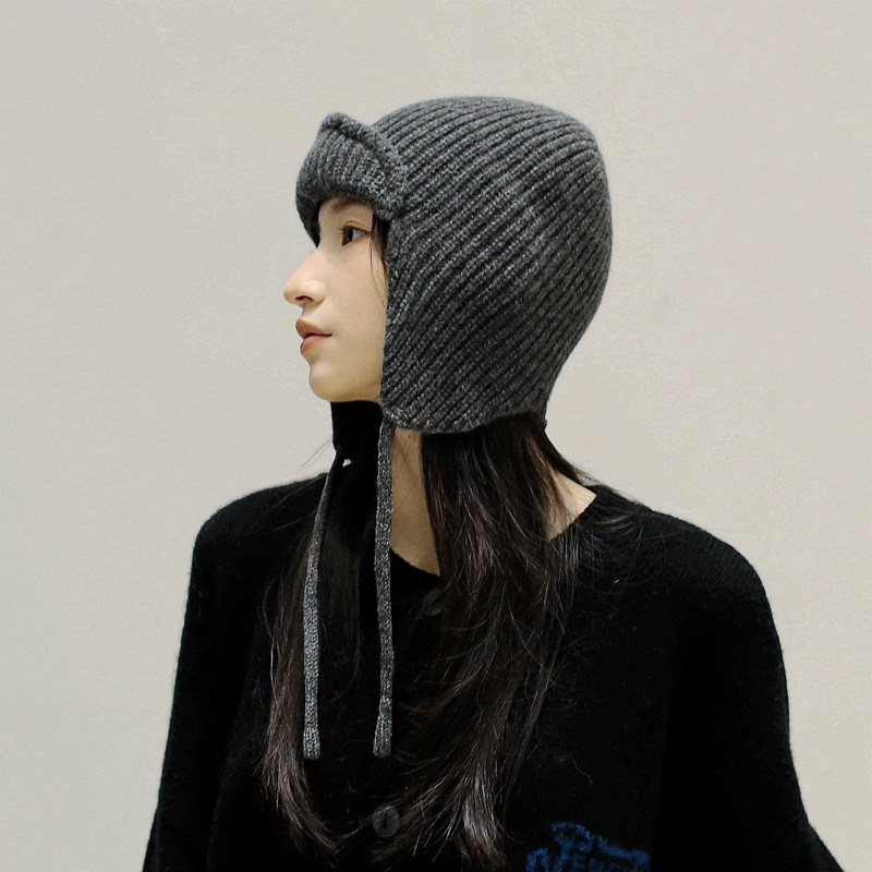 复古护耳雷锋帽纯羊毛针织飞行员帽子可翻帽檐骑车系绳防风显脸小