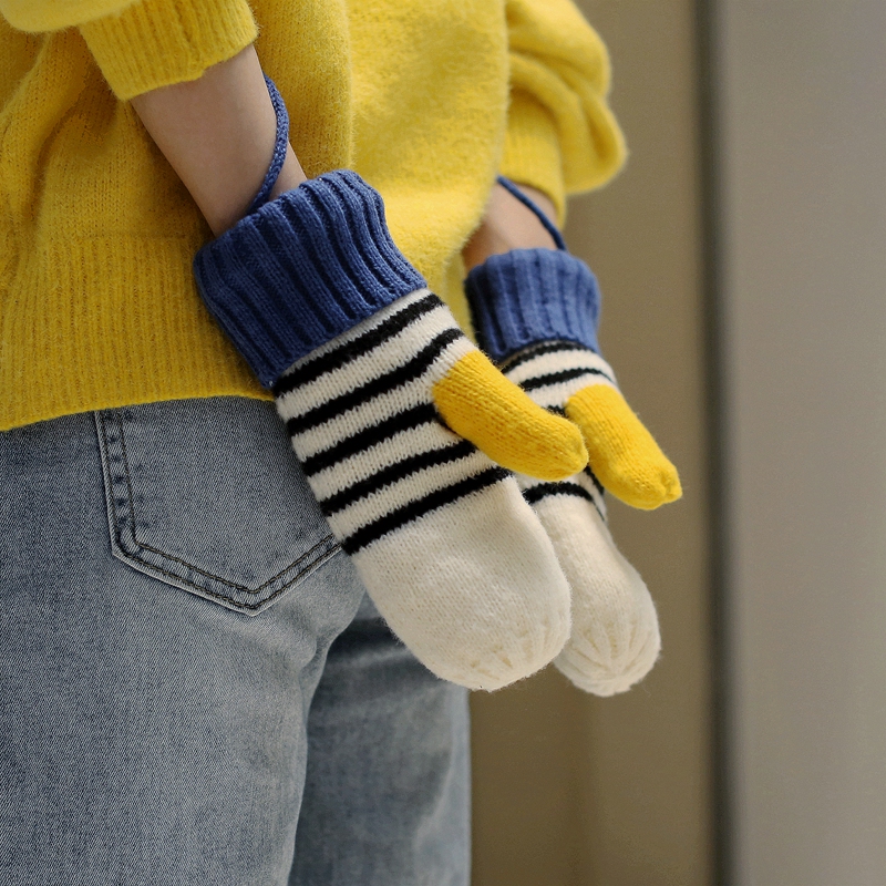 韩国针织连指情侣毛线手套可爱拼色冬天防寒加绒保暖挂脖男女学生