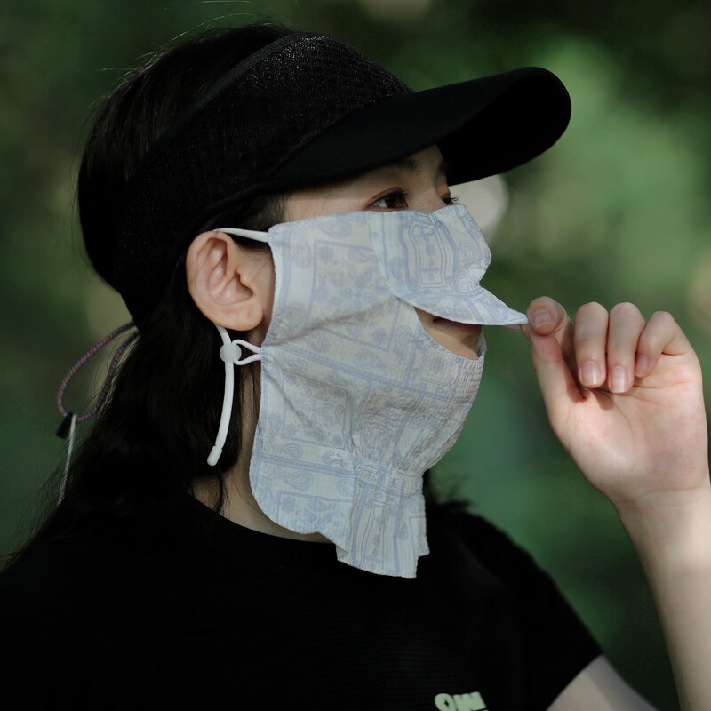 高颜值暗纹提花棉清爽自然夏天防晒面罩露嘴透气可喝水挂耳脸罩薄