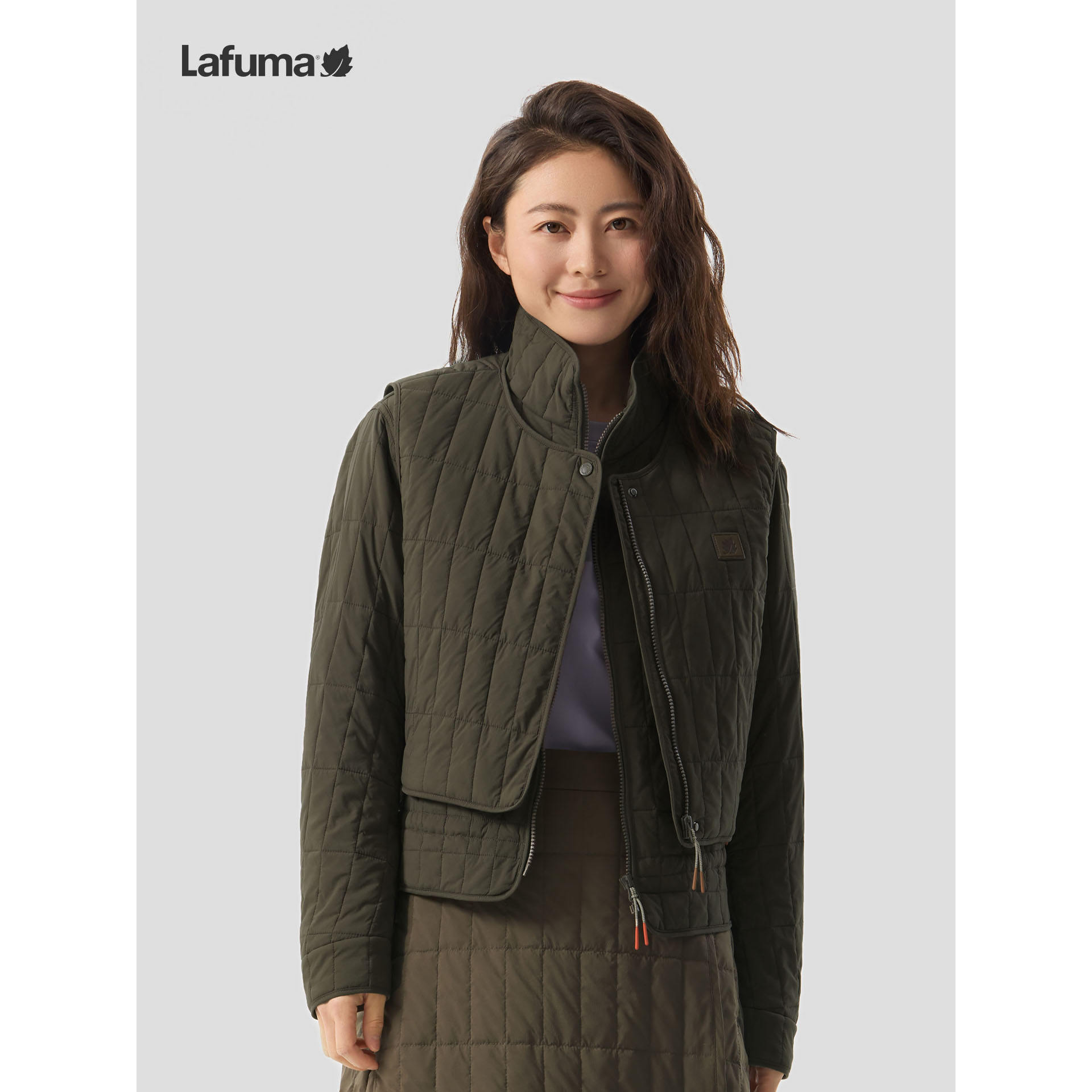 乐飞叶户外格纹保暖棉服两件套女