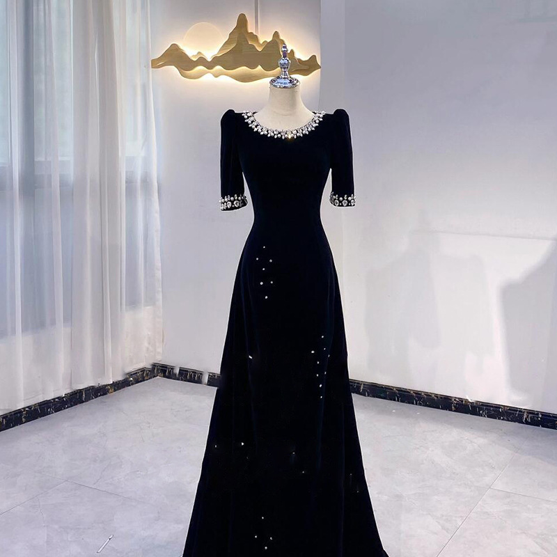 黑色高端晚礼服2025新款气质轻奢亮片主持人艺考声乐独唱合奏演出