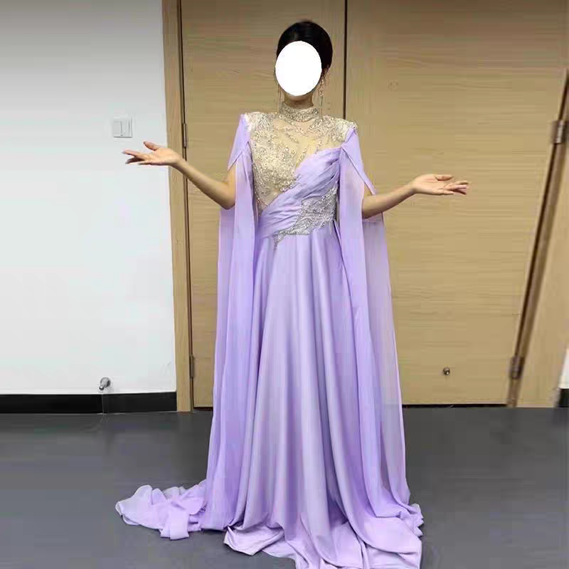 紫色闪亮晚礼服女美声民歌演出高定长袖重工钉珠拉链主持艺考
