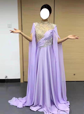 紫色闪亮晚礼服女美声民歌演出高定长袖重工钉珠拉链主持艺考