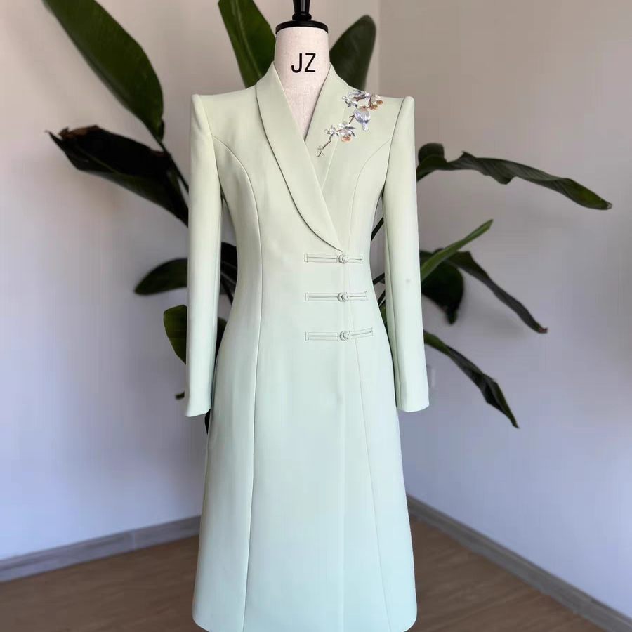 艺考播音主持人女礼服职业装青绿色西装裙高级感连衣裙