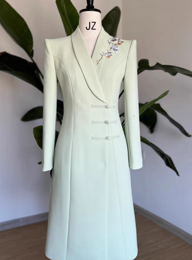 艺考播音主持人女礼服职业装青绿色西装裙高级感连衣裙