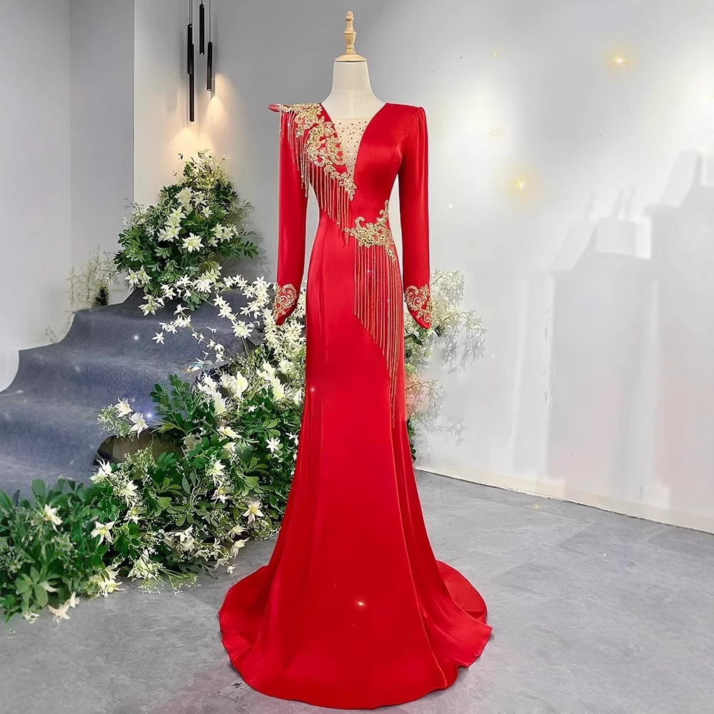 年会主持人礼服女高级感红色长袖声乐艺考晚礼服裙大合唱团演出服