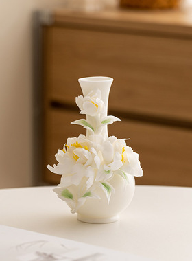德化白瓷手工手捏牡丹花瓷器 居家陶瓷摆件桌面书房花瓶 中式