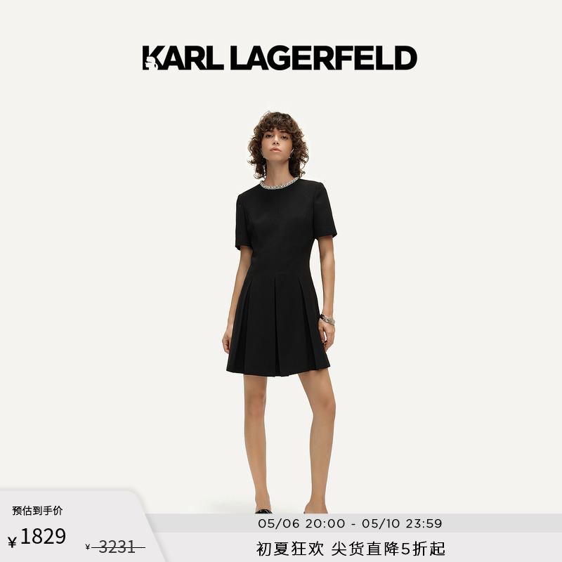 KARL LAGERFELD卡尔拉格斐24夏款连衣裙花边收腰伞摆小黑裙老佛爷