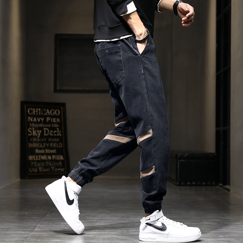 秋季男士薄款哈伦裤潮牌松紧绳裤子男束脚拼接牛仔裤男新款长裤腰