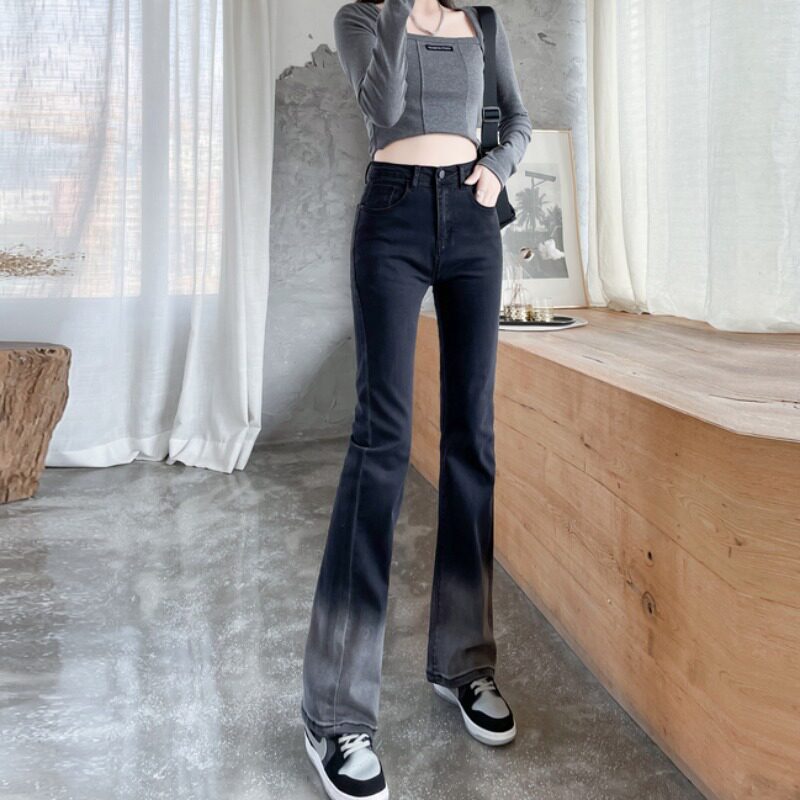 渐变微喇牛仔裤女撞色小众高腰马蹄长裤百搭修身拖地弹力喇叭