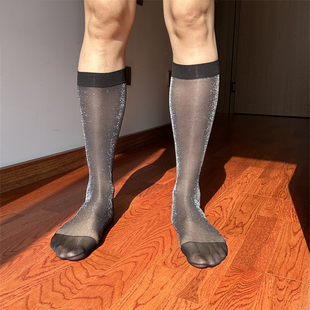 黑色银星空男士正装丝袜绅士日系锦纶长筒夏薄款性感西装皮鞋长袜
