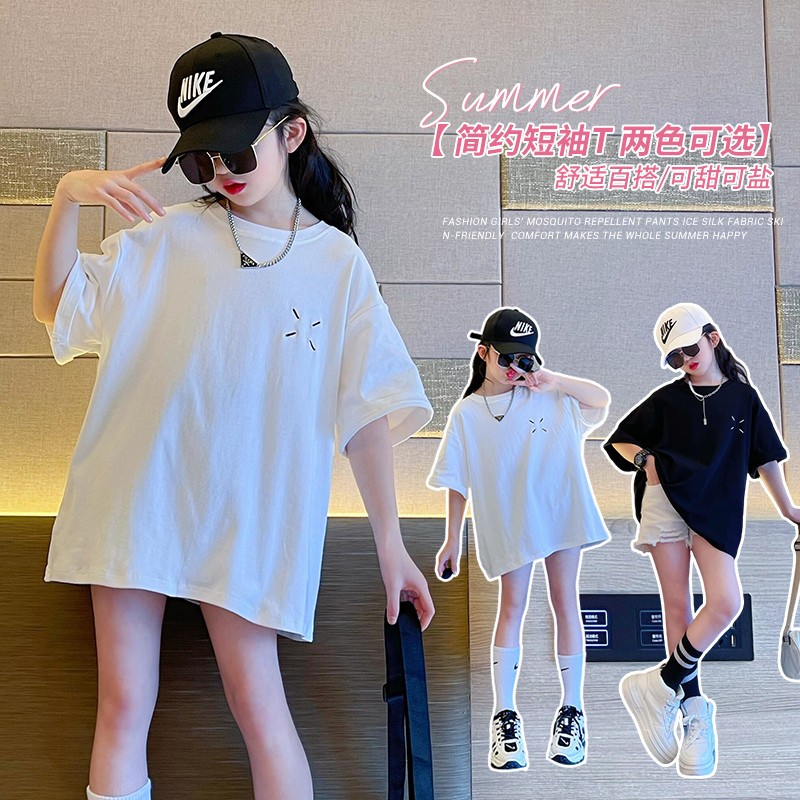 女童短袖t恤夏季2025新款大童白色洋气夏装儿童韩版宽松休闲上衣