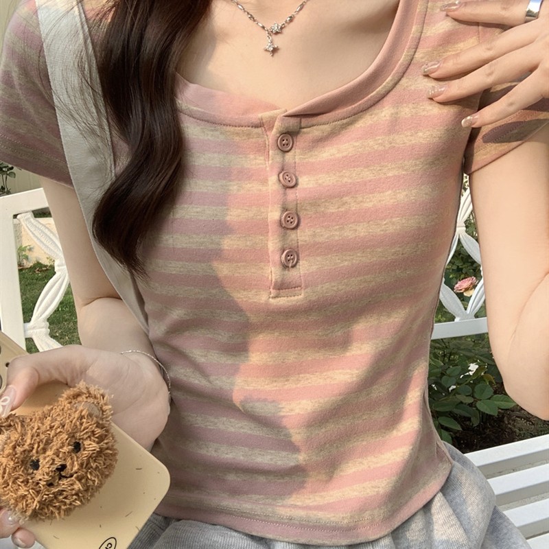 正肩条纹短袖t恤女纯棉2025夏季新款半开领修身显瘦小个子短上衣