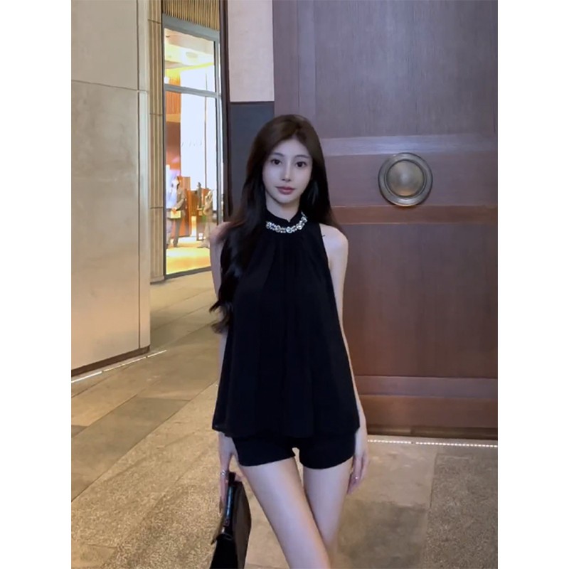 黑色水钻挂脖背心女夏季外穿宽松显瘦辣妹气质雪纺衫无袖纯欲上衣