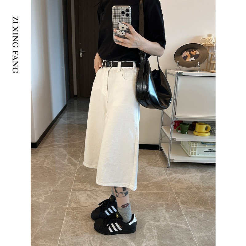 白色七分裤高腰阔腿牛仔裤女2025夏季百搭休闲垂感直筒宽松六分裤