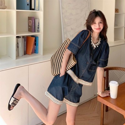 今年流行爆款牛仔套装女小个子2025年夏季新款蕾丝花边短裤两件套