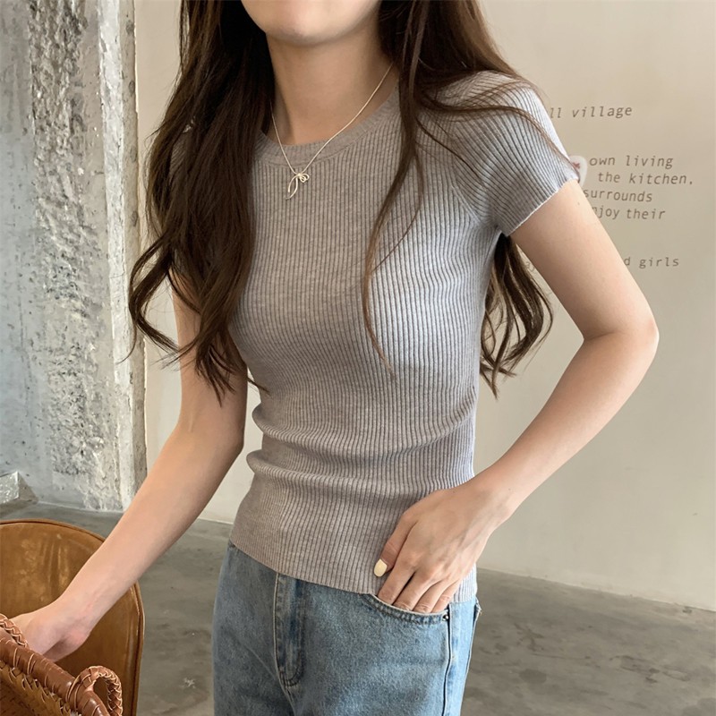 法式冰丝灰色针织短袖小衫女夏季新款修身t恤基础款通勤洋气上衣