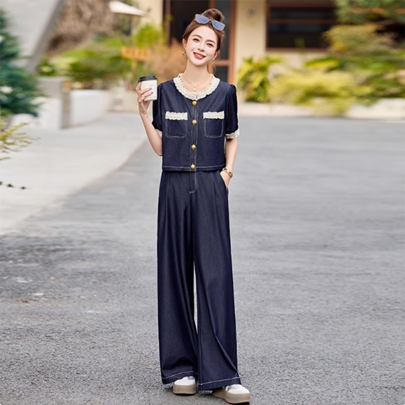 天丝牛仔套装女2025夏季新款薄款蕾丝拼接短袖上衣阔腿长裤两件套
