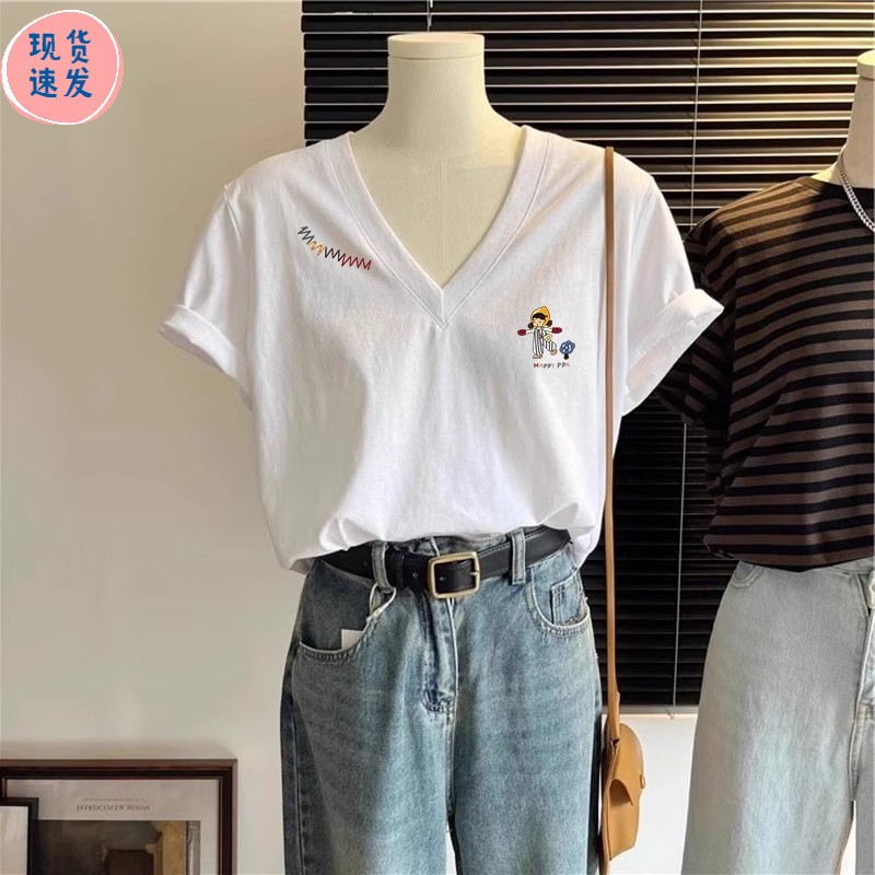 欧货时髦白色纯棉v领正肩短袖t恤女夏季高级感宽松遮肚子显瘦上衣