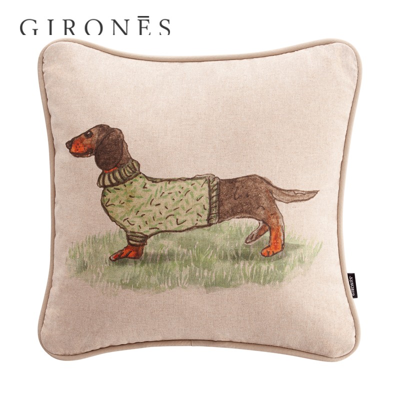 GIRONES进口西班牙素描卡通腊肠犬现代客厅沙发双面方形抱枕靠垫