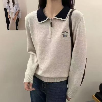 polo领撞色针织长袖上衣