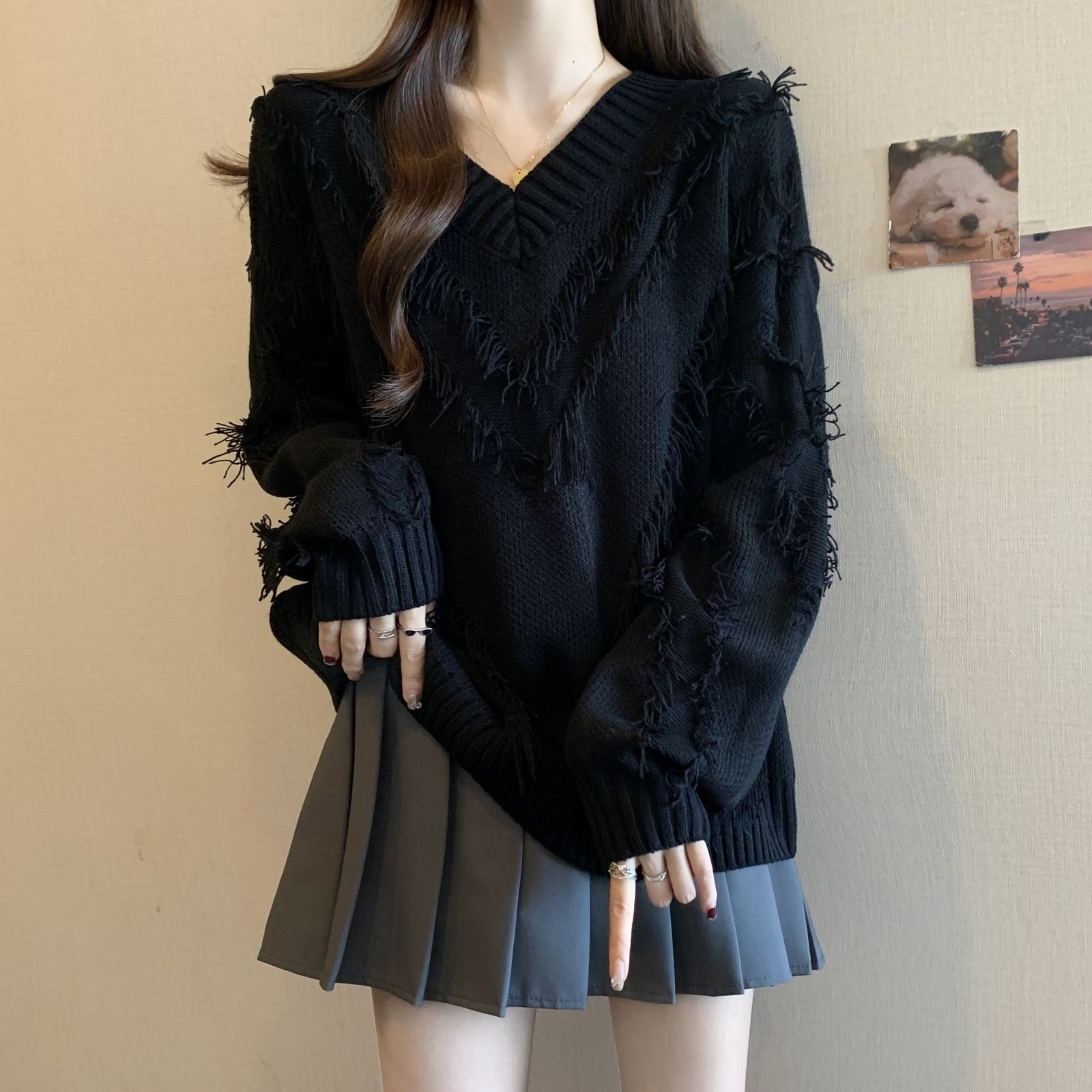 设计感流苏慵懒风V领针织衫毛衣女装秋冬大码胖mm宽松显瘦上衣