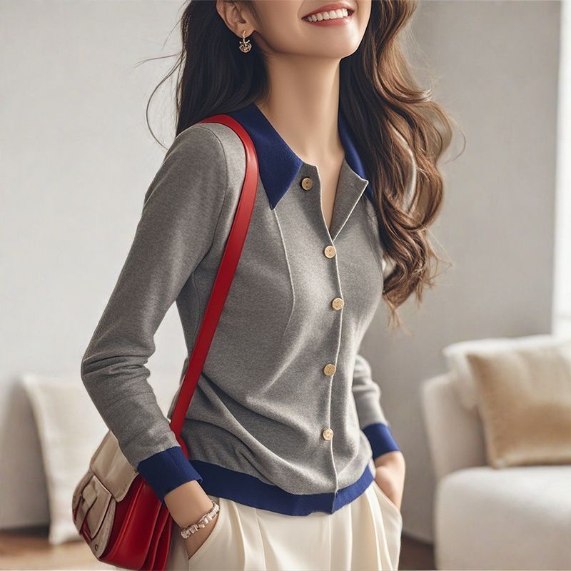 高级灰色拼接针织衫女秋