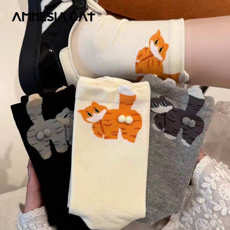 可爱猫咪蛋蛋袜子女纯棉中筒袜夏季薄款2025新款立体小球卡通长袜