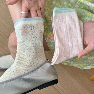 Songmu'春夏薄款撞色复古藤蔓袜子女棉质无骨袜ins甜美中筒袜堆堆