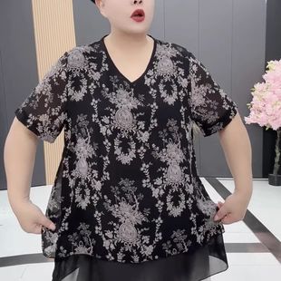 双拼接假两件遮臀小衫 夏季 妈妈上衣V领半袖 高档加大码 中老年女装