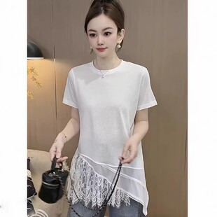 300斤时尚 不规则蕾丝打底衫 大码 胖mm2 圆领T恤女 纯色百搭叠穿短袖